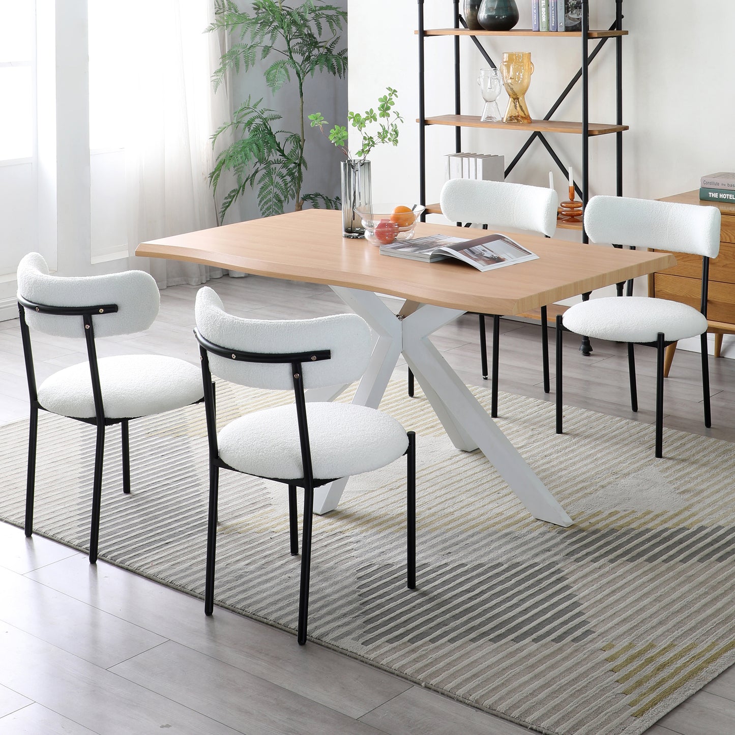Dining Chairs Set of 2,Round Upholstered Sherpa Fabric Dining Room Chairs with Curved Backrest,Mid-Century Modern Accent Chairs with Black Metal Adjustable Legs for Dining Room,Living Room,Kitchen