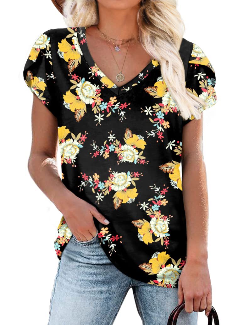 Summer Creative Tie-dye Floral V-neck Loose-fitting Women's Petal Sleeve Shell Sleeve T-shirt