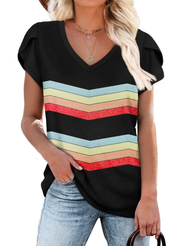 Summer Creative Tie-dye Floral V-neck Loose-fitting Women's Petal Sleeve Shell Sleeve T-shirt