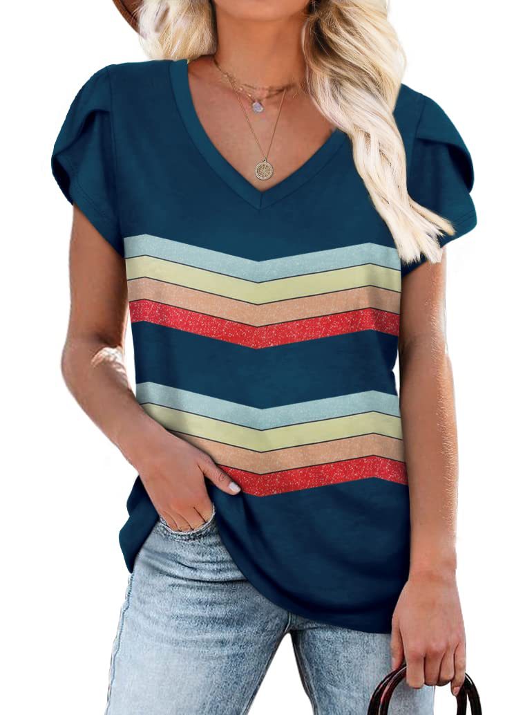 Summer Creative Tie-dye Floral V-neck Loose-fitting Women's Petal Sleeve Shell Sleeve T-shirt