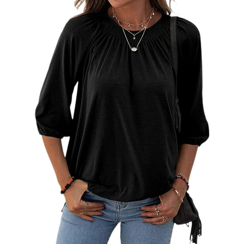 Women's Summer Temperament Pullover Round Neck Loose-fitting Three-quarter Sleeves T-shirt Women