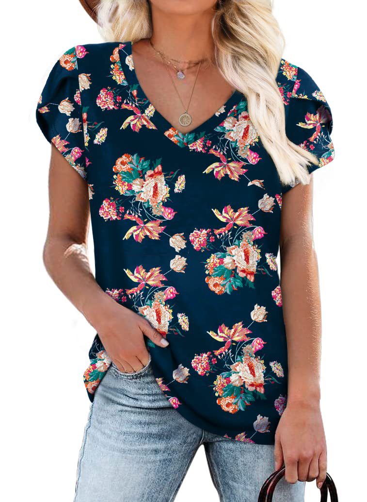 Summer Creative Tie-dye Floral V-neck Loose-fitting Women's Petal Sleeve Shell Sleeve T-shirt