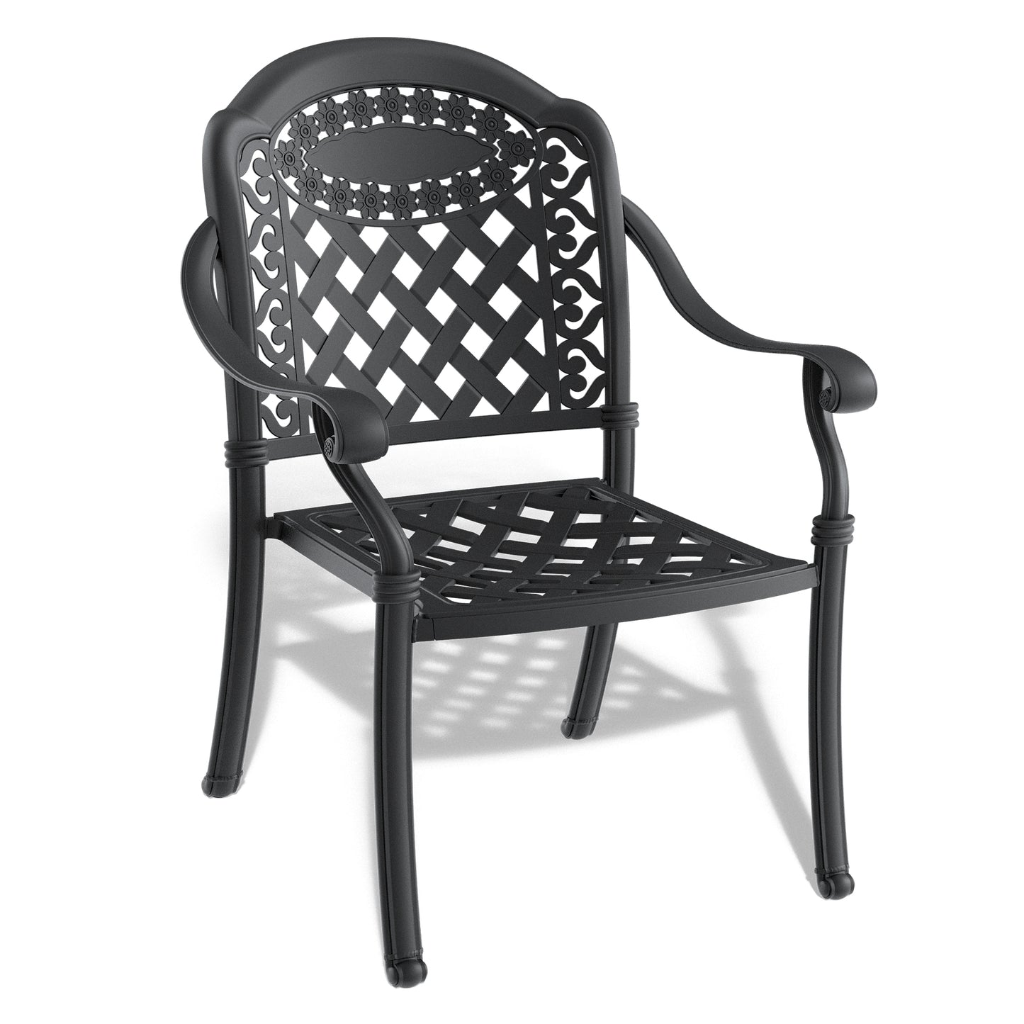 7-Piece Set Of Cast Aluminum Patio Furniture With Black Frame and Seat Cushions In Random Colors
