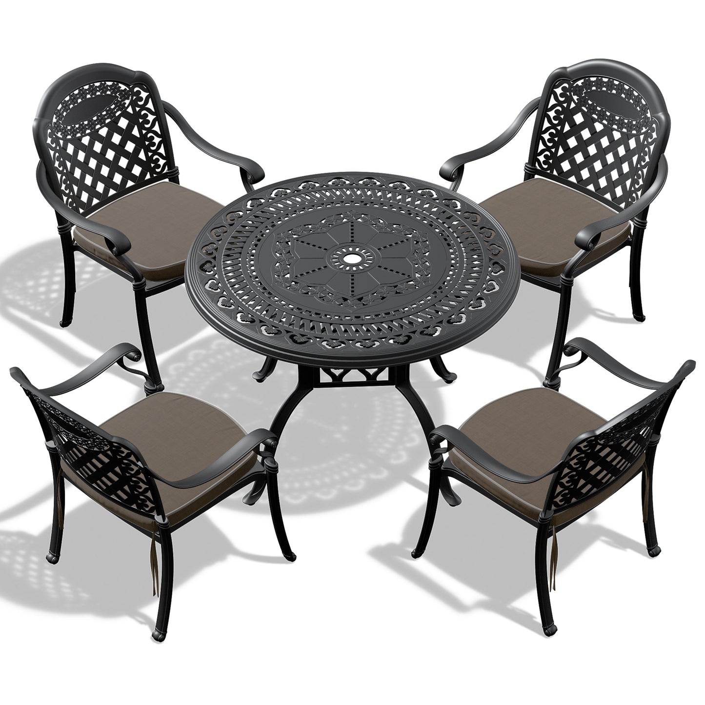 7-Piece Set Of Cast Aluminum Patio Furniture With Black Frame and Seat Cushions In Random Colors