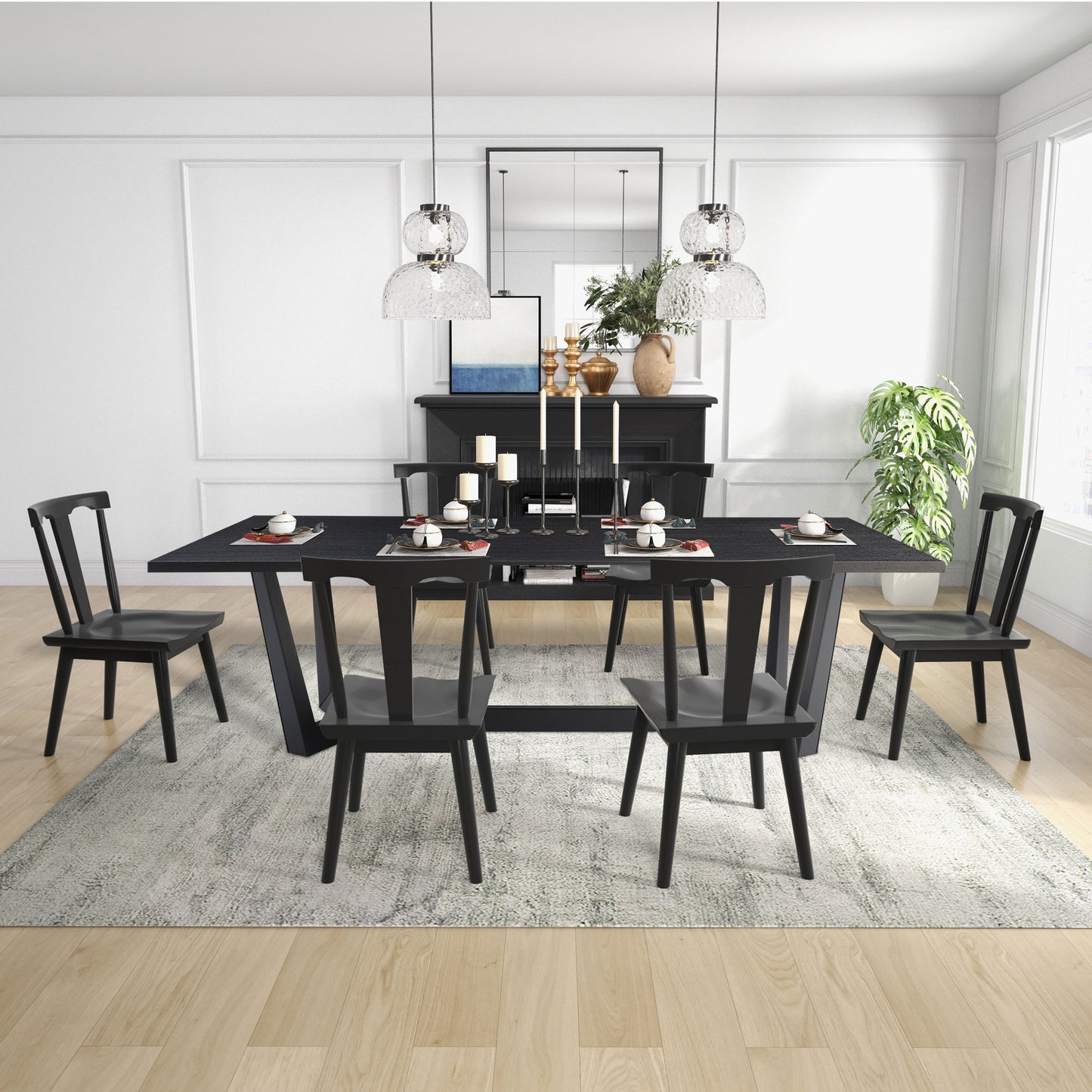 86.86" Dining Table Mid-Century Modern Rectangle MDF Kitchen Table for Dining Room Balcony Cafe Bar Conference Matt black