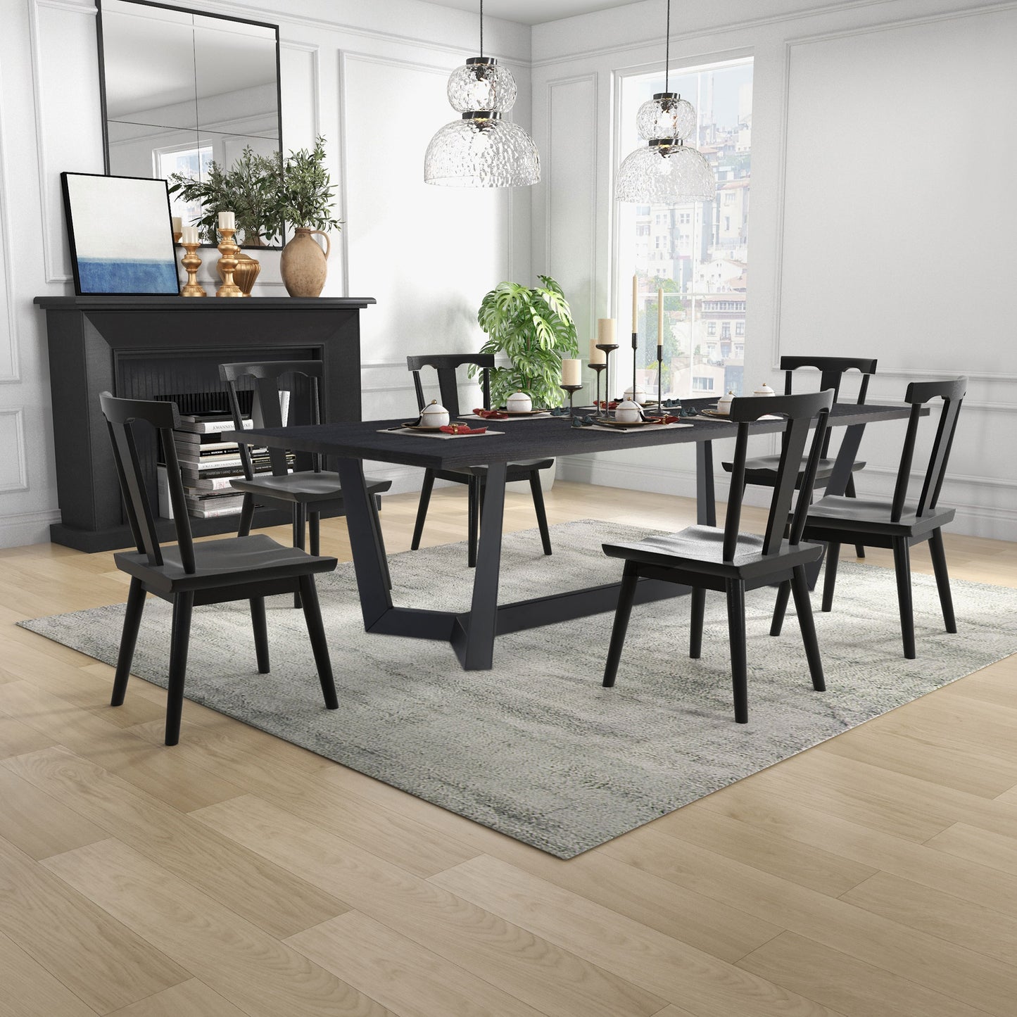 86.86" Dining Table Mid-Century Modern Rectangle MDF Kitchen Table for Dining Room Balcony Cafe Bar Conference Matt black