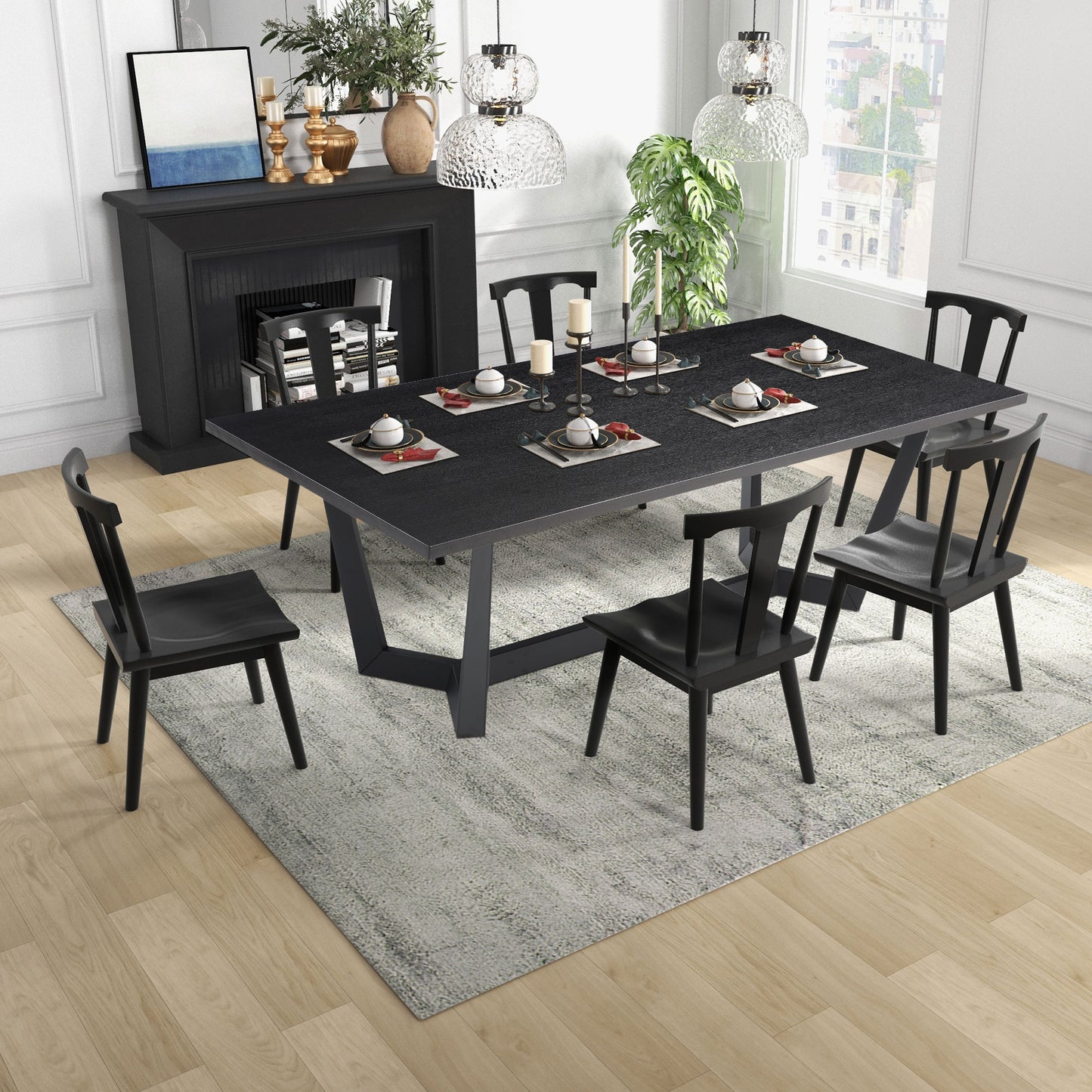 86.86" Dining Table Mid-Century Modern Rectangle MDF Kitchen Table for Dining Room Balcony Cafe Bar Conference Matt black