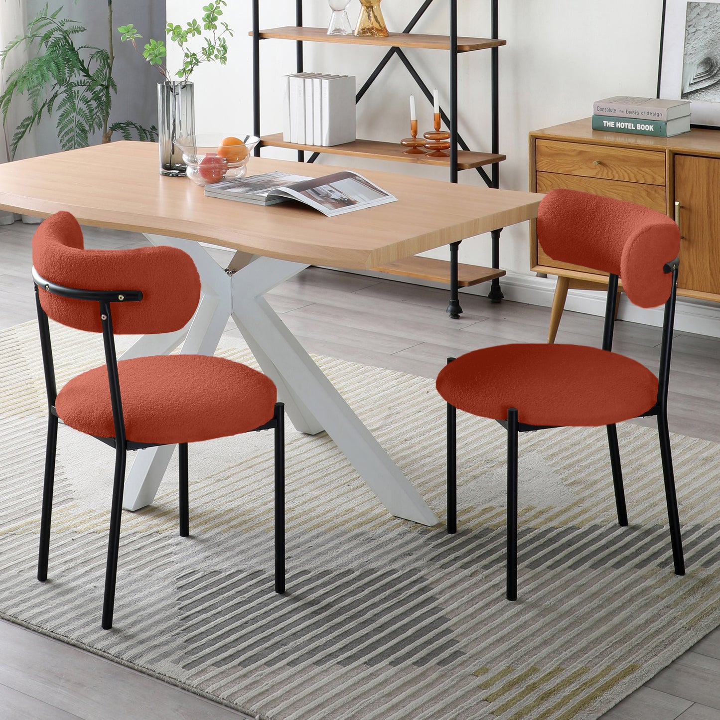 Dining Chairs Set of 2,Round Upholstered Sherpa Fabric Dining Room Chairs with Curved Backrest,Mid-Century Modern Accent Chairs with Black Metal Adjustable Legs for Dining Room,Living Room,Kitchen
