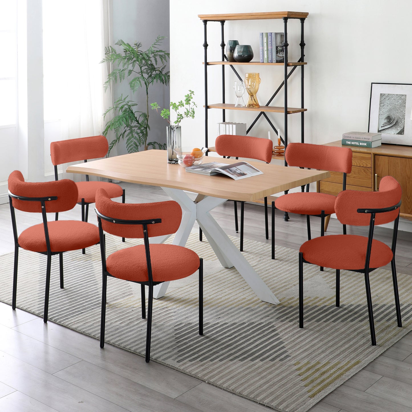 Dining Chairs Set of 2,Round Upholstered Sherpa Fabric Dining Room Chairs with Curved Backrest,Mid-Century Modern Accent Chairs with Black Metal Adjustable Legs for Dining Room,Living Room,Kitchen