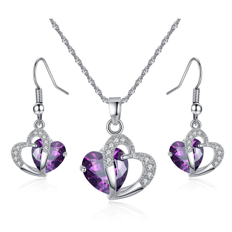 Amethyst Zircon Heart Necklace Earrings Set European And American Christmas Gifts