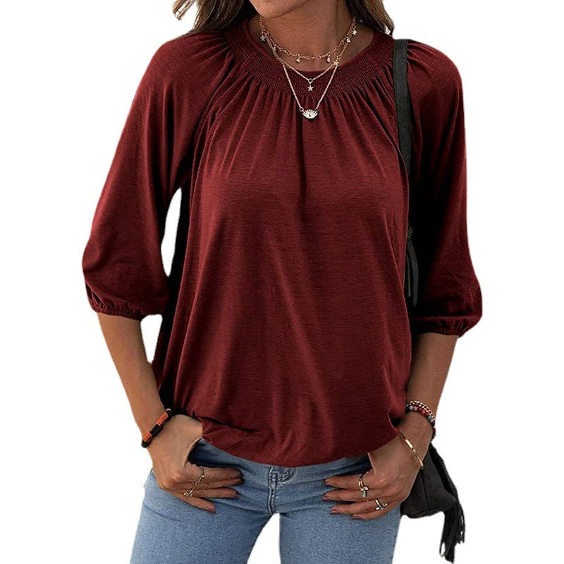 Women's Summer Temperament Pullover Round Neck Loose-fitting Three-quarter Sleeves T-shirt Women