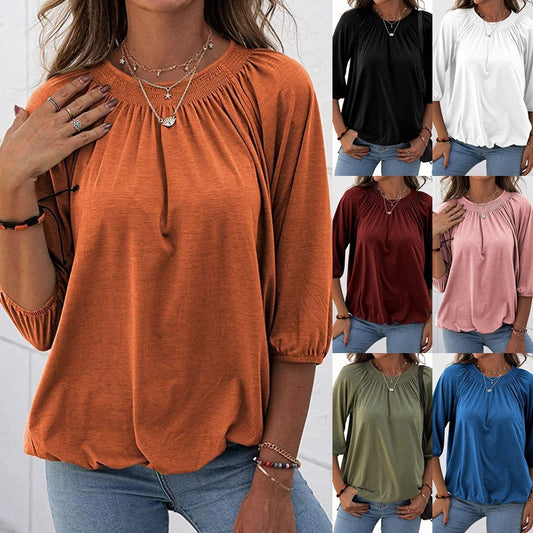 Women's Summer Temperament Pullover Round Neck Loose-fitting Three-quarter Sleeves T-shirt Women