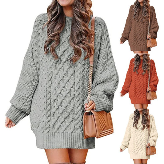 Women's Round Neck Long Sleeve Twisted Knitted Mid-length Dress Sweater