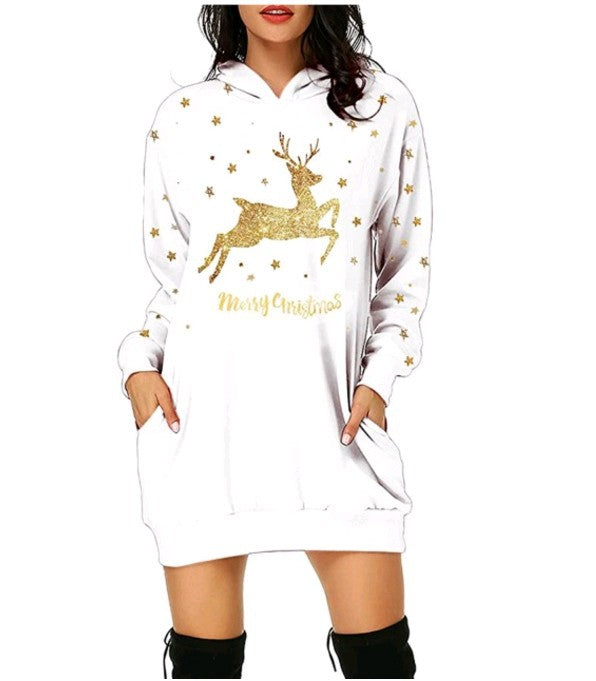 Christmas hot sale printed mid-length pocket hooded long-sleeved sweater