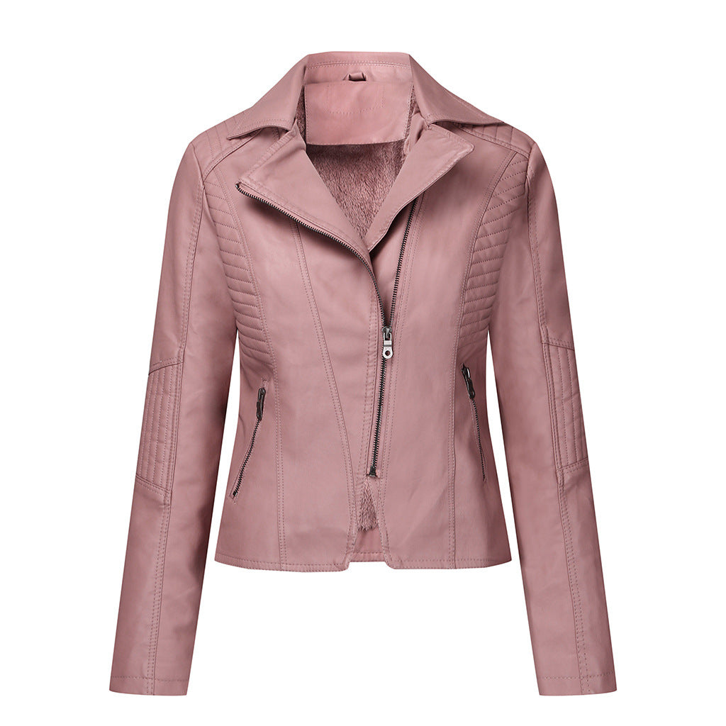 Women's Plush Leather Jacket Oblique Zipper Short Women Jacket Casual Jacket