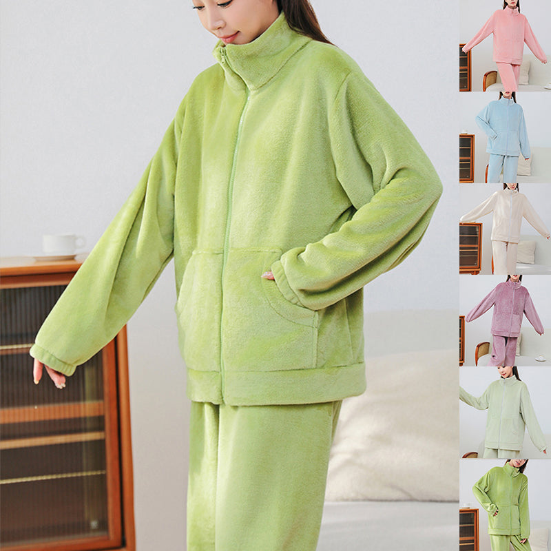 Winter Pajamas Sets Homewear With Pockets Design Thickened Coral Velvet Stand Collar Warm Pajamas Indoor Outdoor Casual Clothes