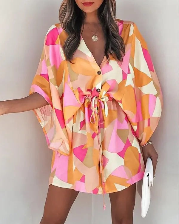 Women's V-Neck Tie Printed Beach Dress