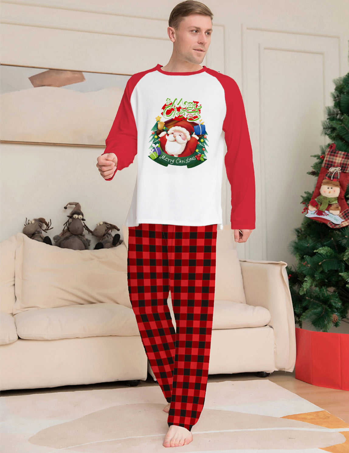 Christmas Parent-Child Clothes Set Long Sleeve T-Shirt Plaid Pants Family Matching Pajamas