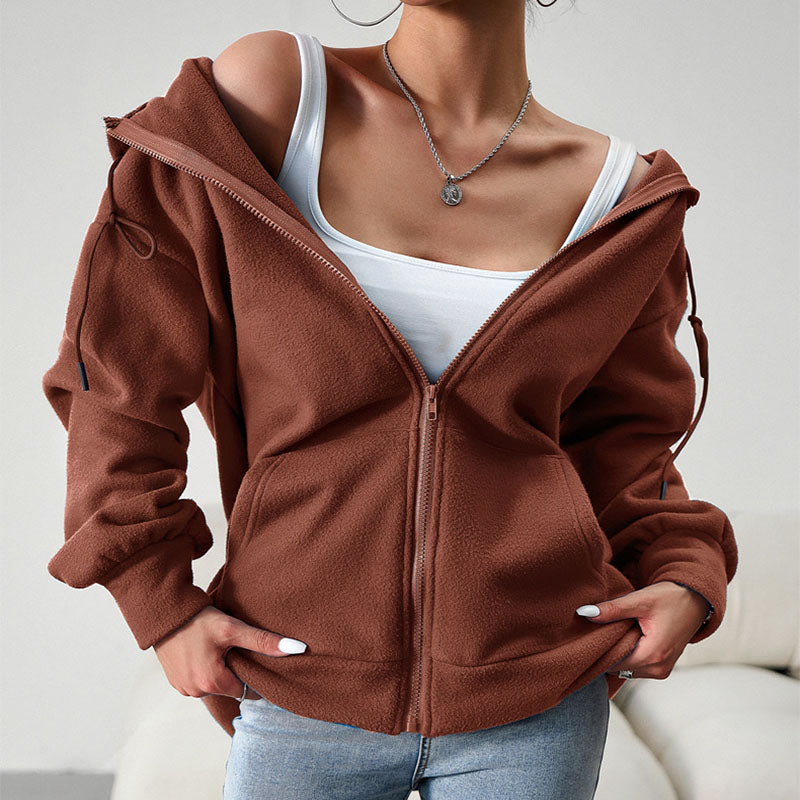 Casual Fashion Hooded Cardigan Jacket With Pockets Winter And Autumn Loose Sports Coat Women Solid Outwear Clothing