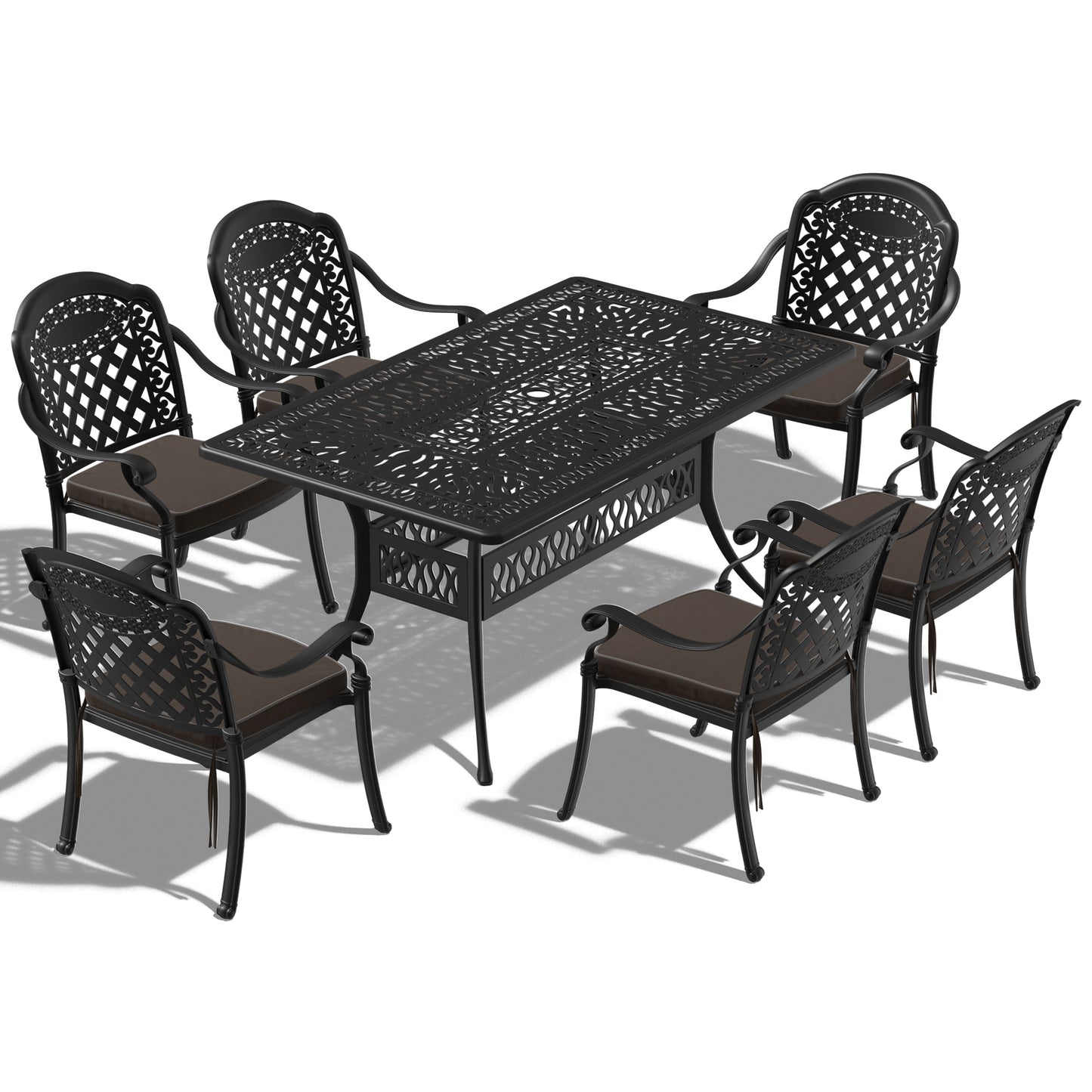 7-Piece Set Of Cast Aluminum Patio Furniture  With Black Frame and  Seat Cushions In Random Colors