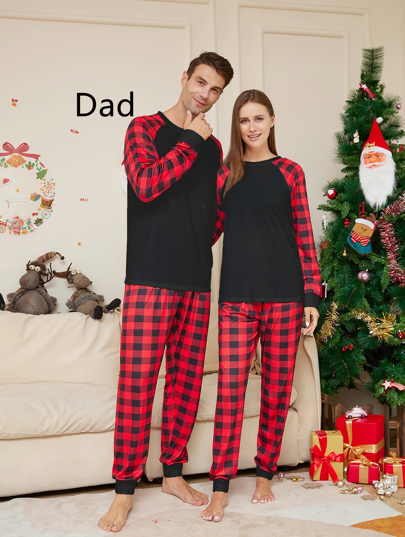 Women's Fashion Christmas Solid Color Plaid Printed Pajamas Set