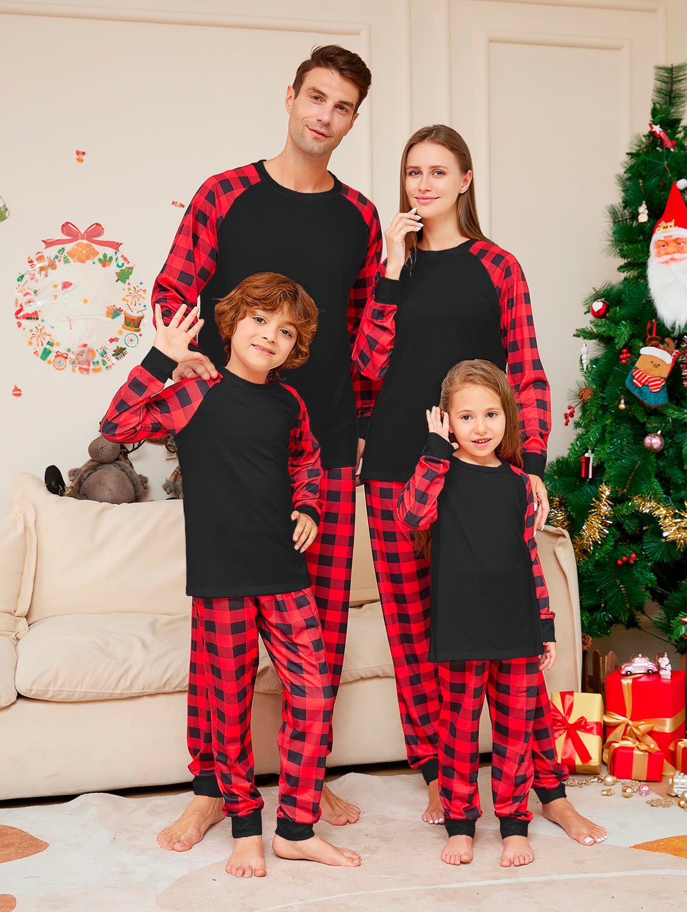 Women's Fashion Christmas Solid Color Plaid Printed Pajamas Set