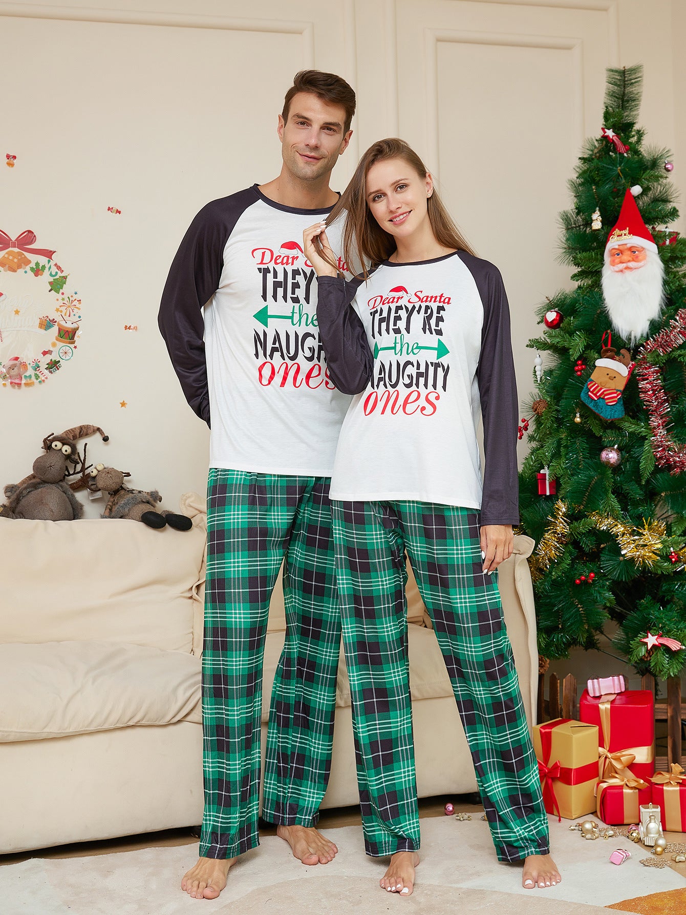 Women's Fashion Green With Letters Plaid Printed Homewear Pajamas Suit