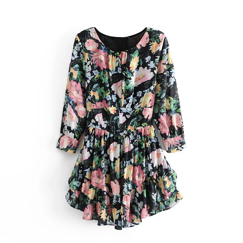 Ladies retro floral print ruffled mini dress