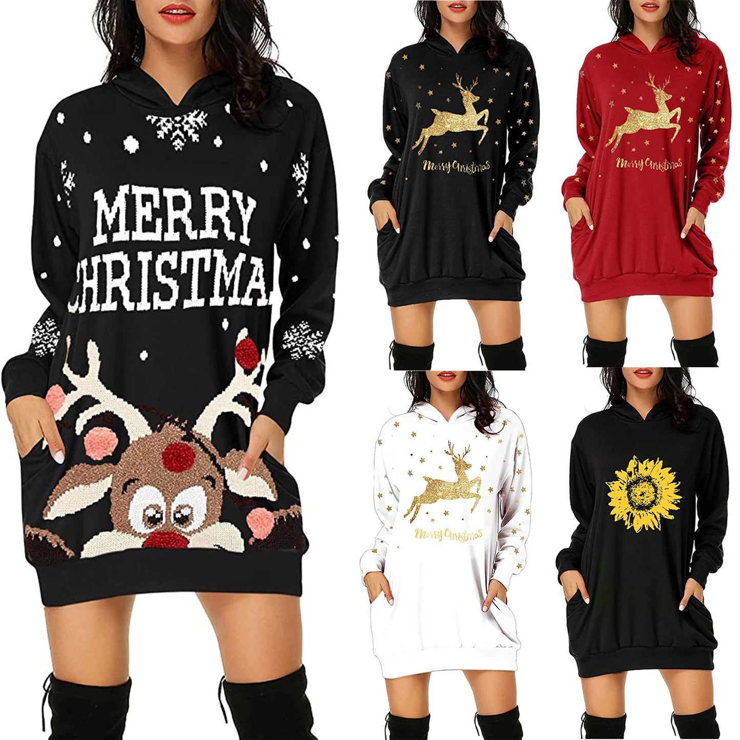 Christmas hot sale printed mid-length pocket hooded long-sleeved sweater