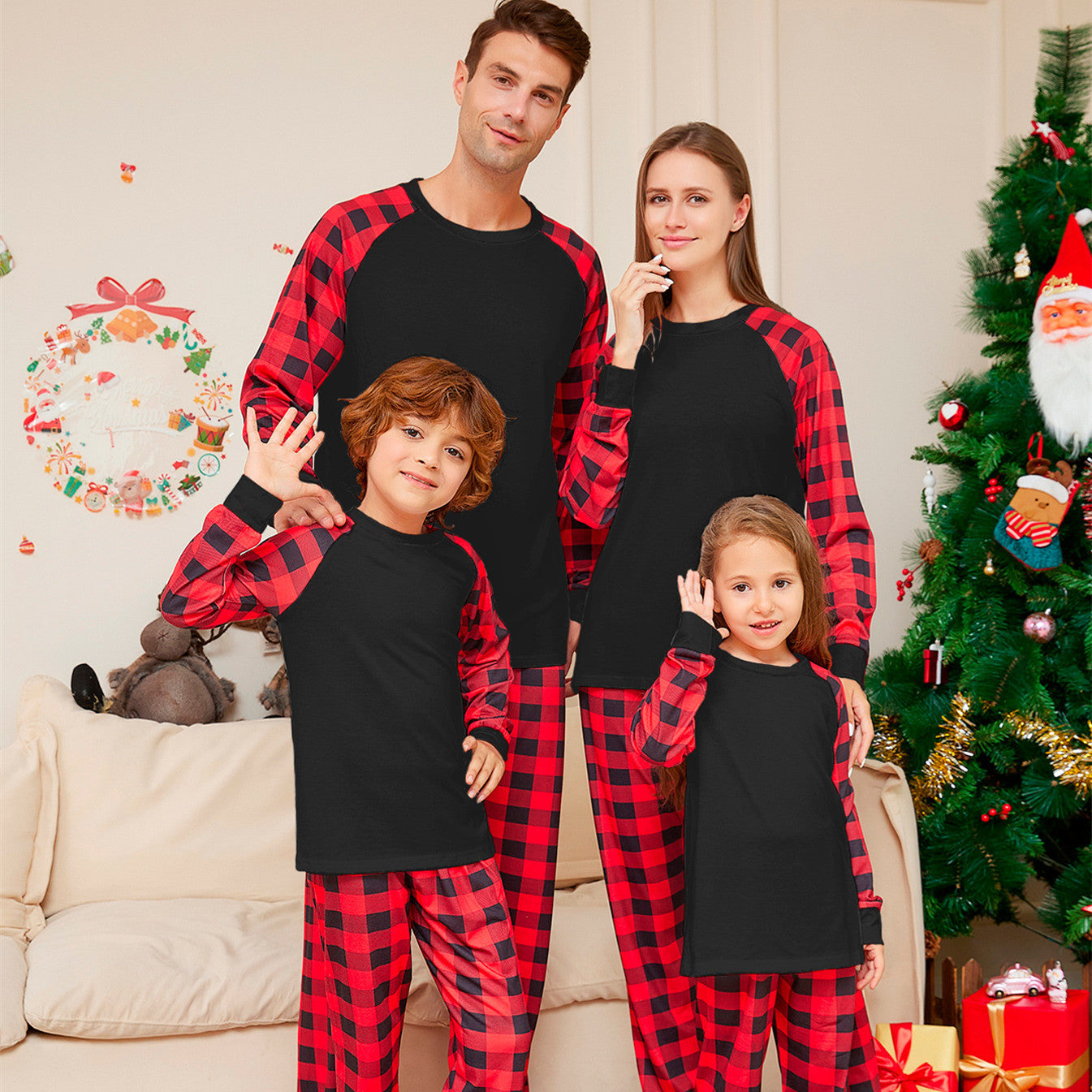 Women's Fashion Christmas Solid Color Plaid Printed Pajamas Set