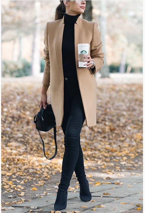 Solid Color Collar Woolen Coat