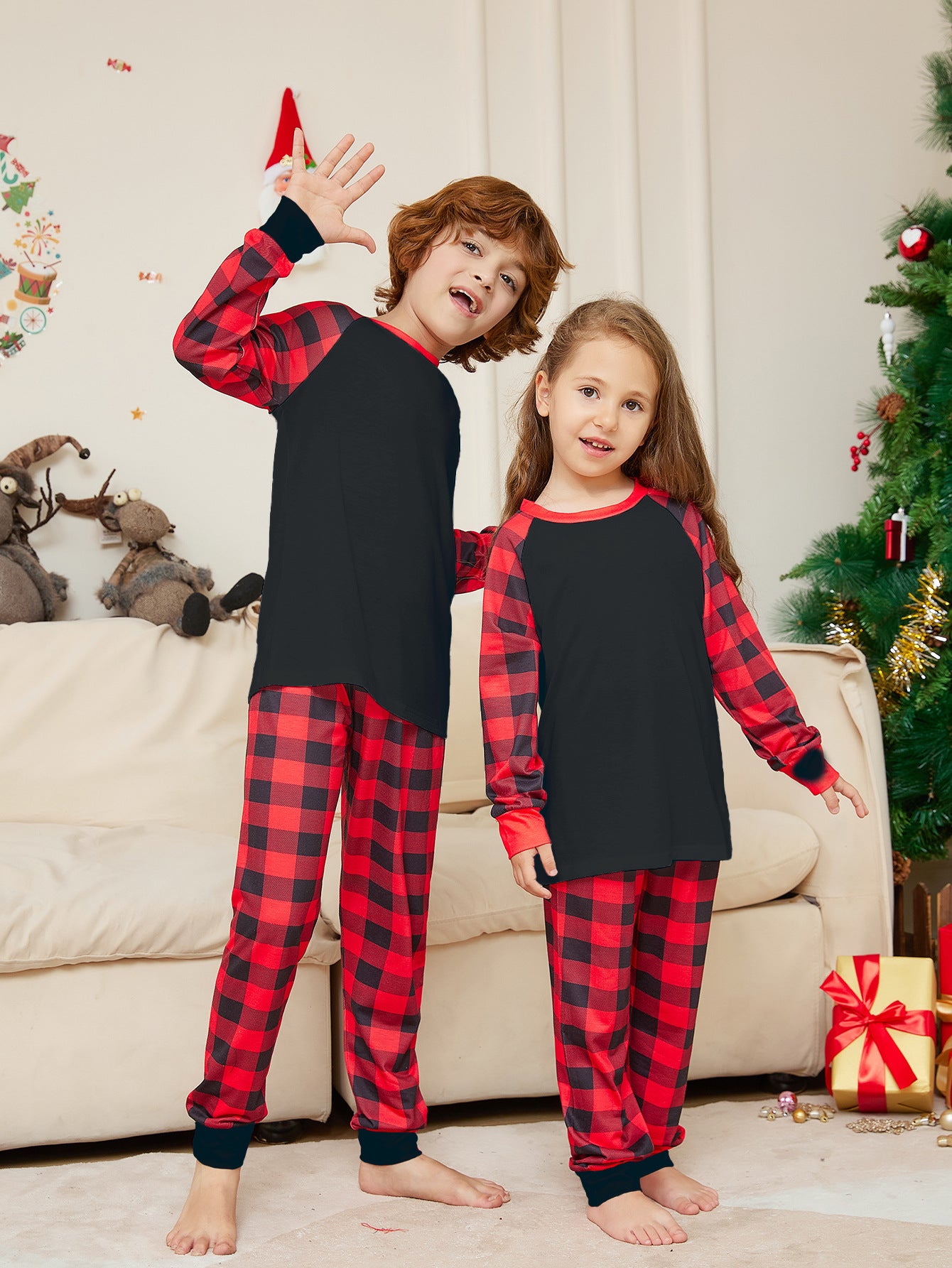 Women's Fashion Christmas Solid Color Plaid Printed Pajamas Set