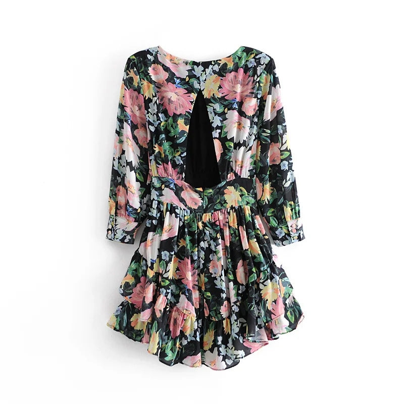 Ladies retro floral print ruffled mini dress