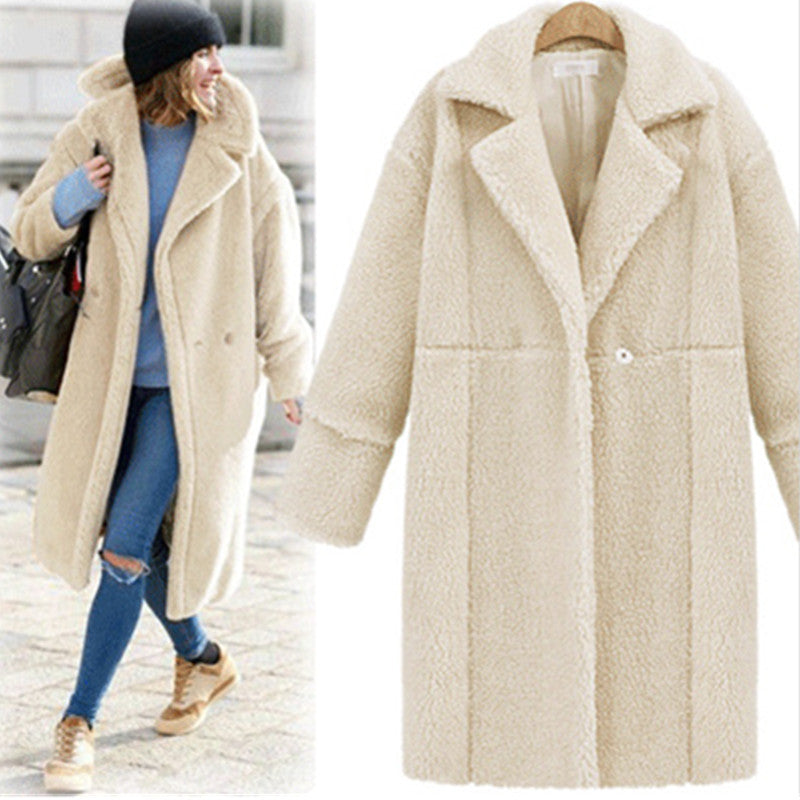 New Women's Cashmere Long-sleeved Solid Color Long Coat Woolen Coat