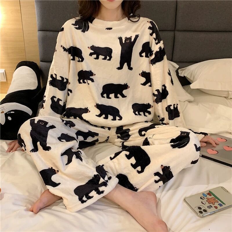 Cartoon Print Pajamas Sets Winter Warm Long Sleeve Sleepwear Home Nightclothes Women