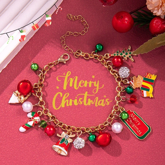 Creative Christmas Metal Chain Bracelet For Women Men Santa Claus Christmas Tree Snowflake Snowman Pearl Bangles New Year Gifts