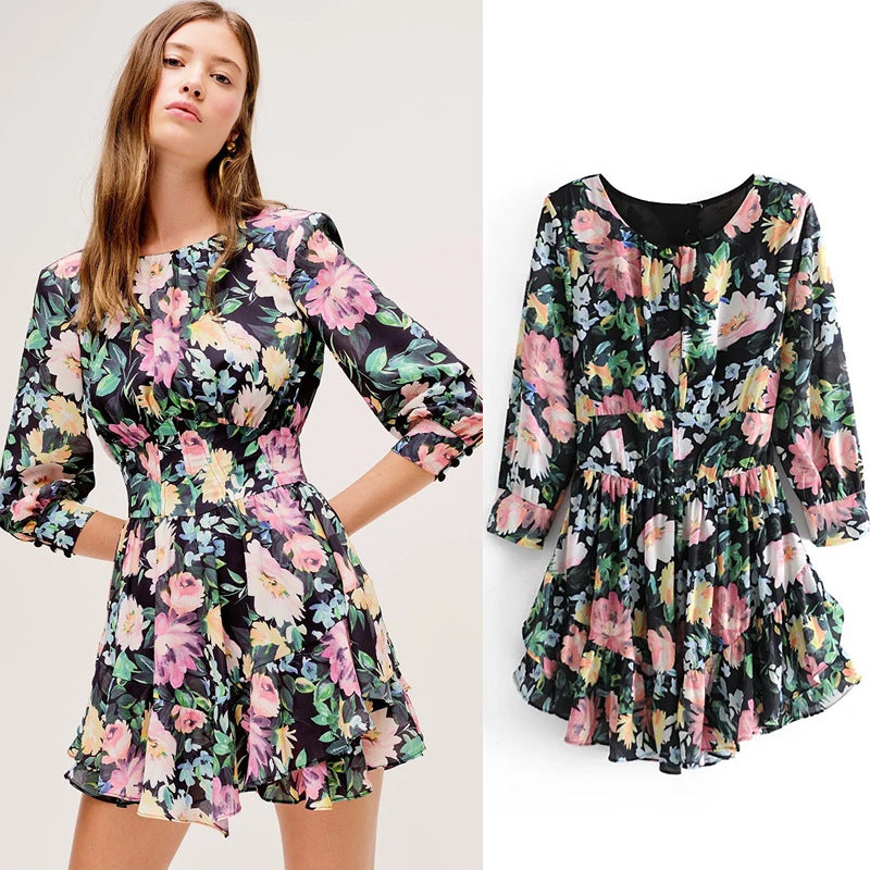 Ladies retro floral print ruffled mini dress