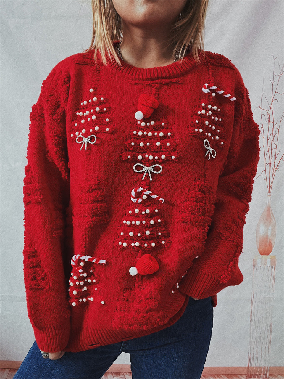 Women's Fashion Handmade Pearl Christmas Theme Sweater