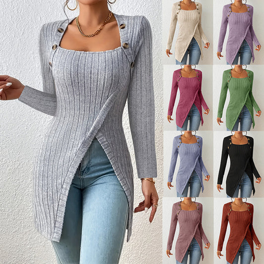 Woman Square-neck Off-shoulder Slit Sweater