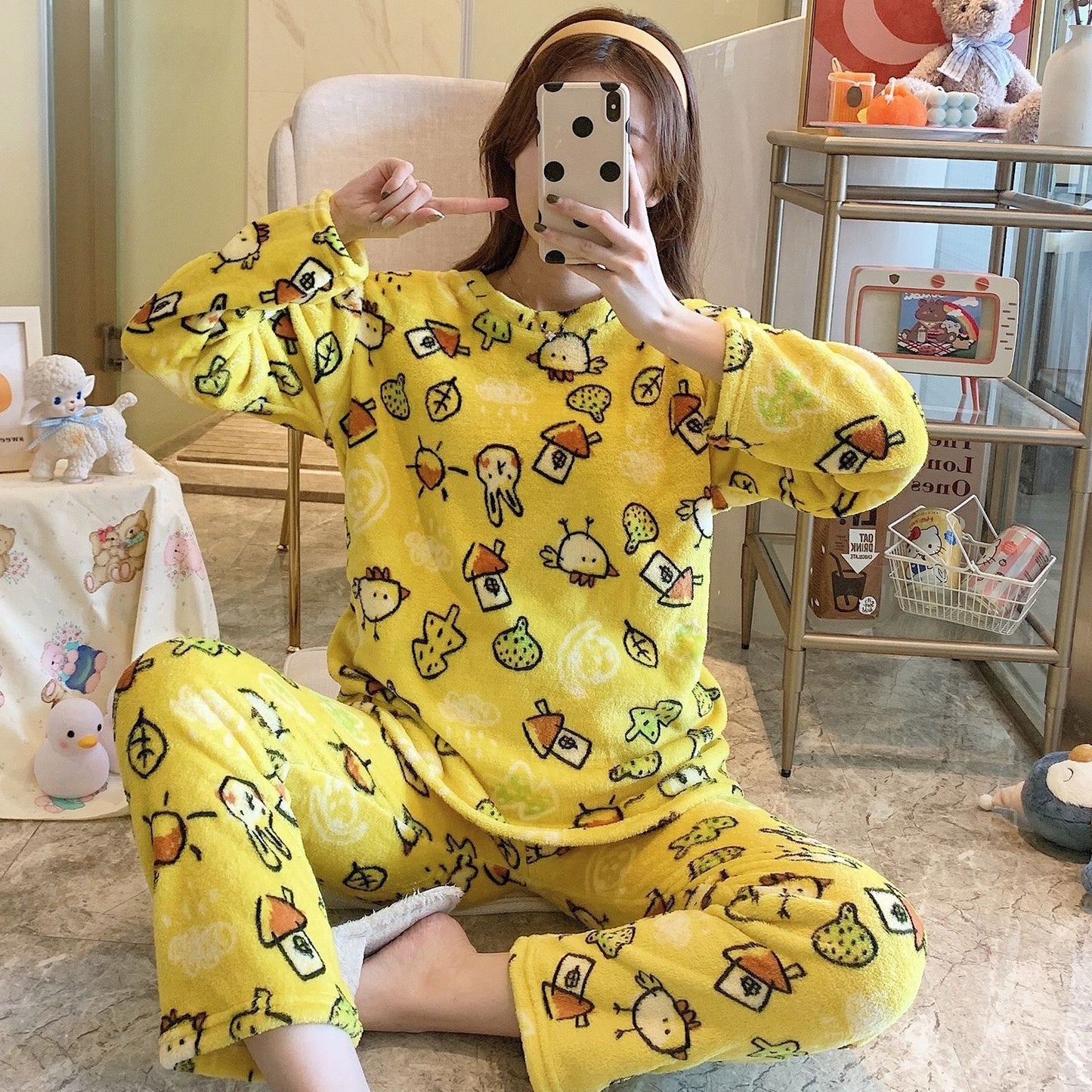 Cartoon Print Pajamas Sets Winter Warm Long Sleeve Sleepwear Home Nightclothes Women