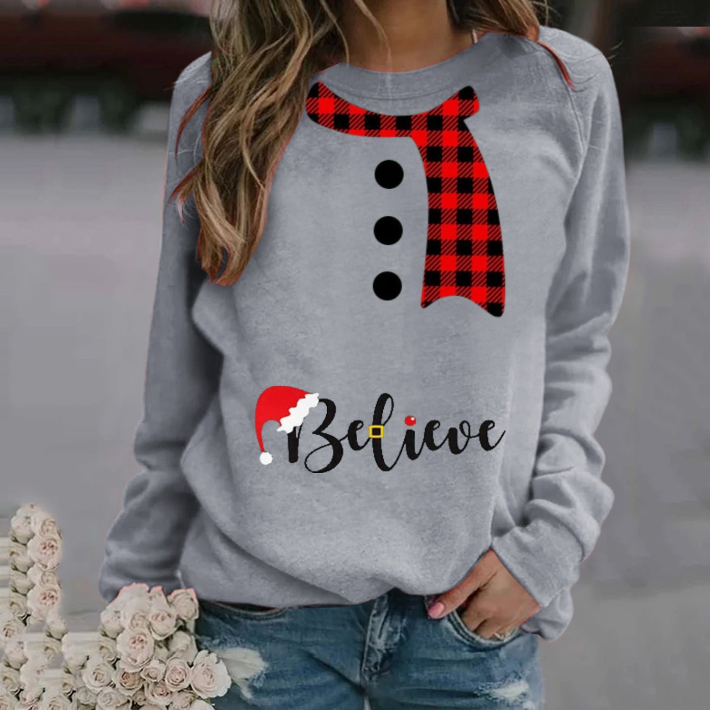 Women's Fashion Christmas Pattern Printing Long Sleeve Crew Neck Sweater