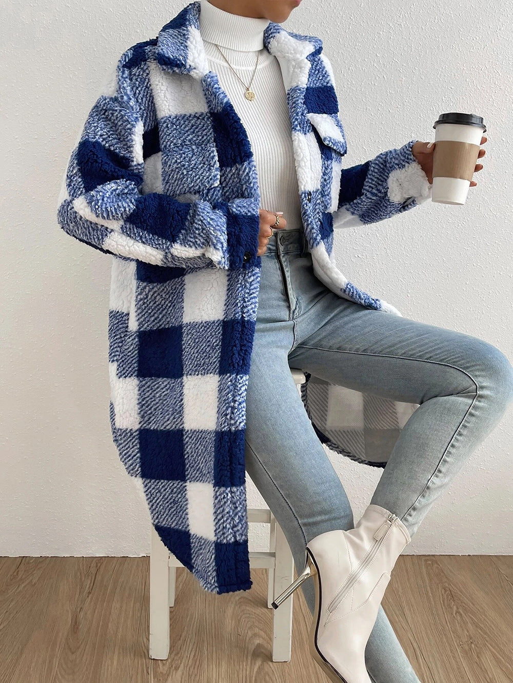 Button Lapel Plush Plaid Coat Loose