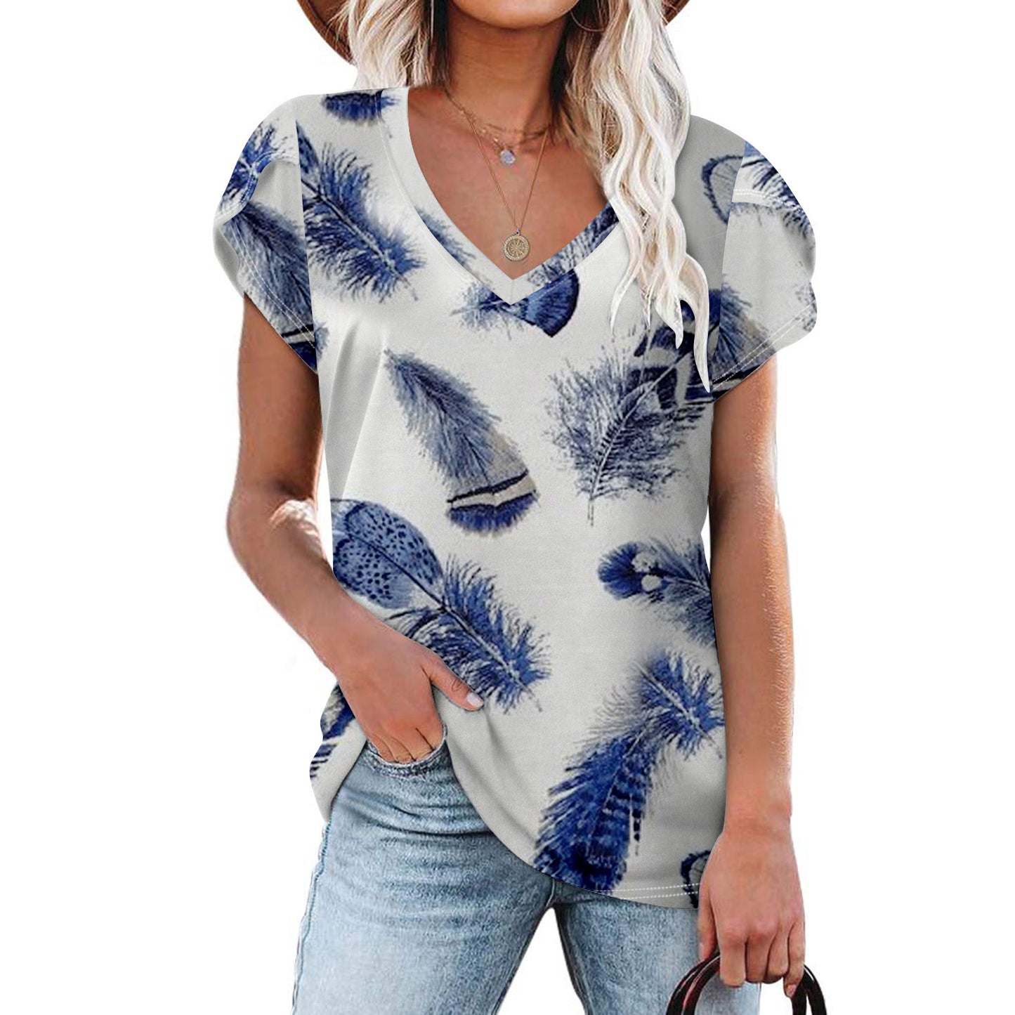 Summer Creative Tie-dye Floral V-neck Loose-fitting Women&#039;s Petal Sleeve Shell Sleeve T-shirt