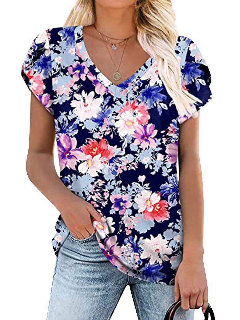 Summer Creative Tie-dye Floral V-neck Loose-fitting Women&#039;s Petal Sleeve Shell Sleeve T-shirt