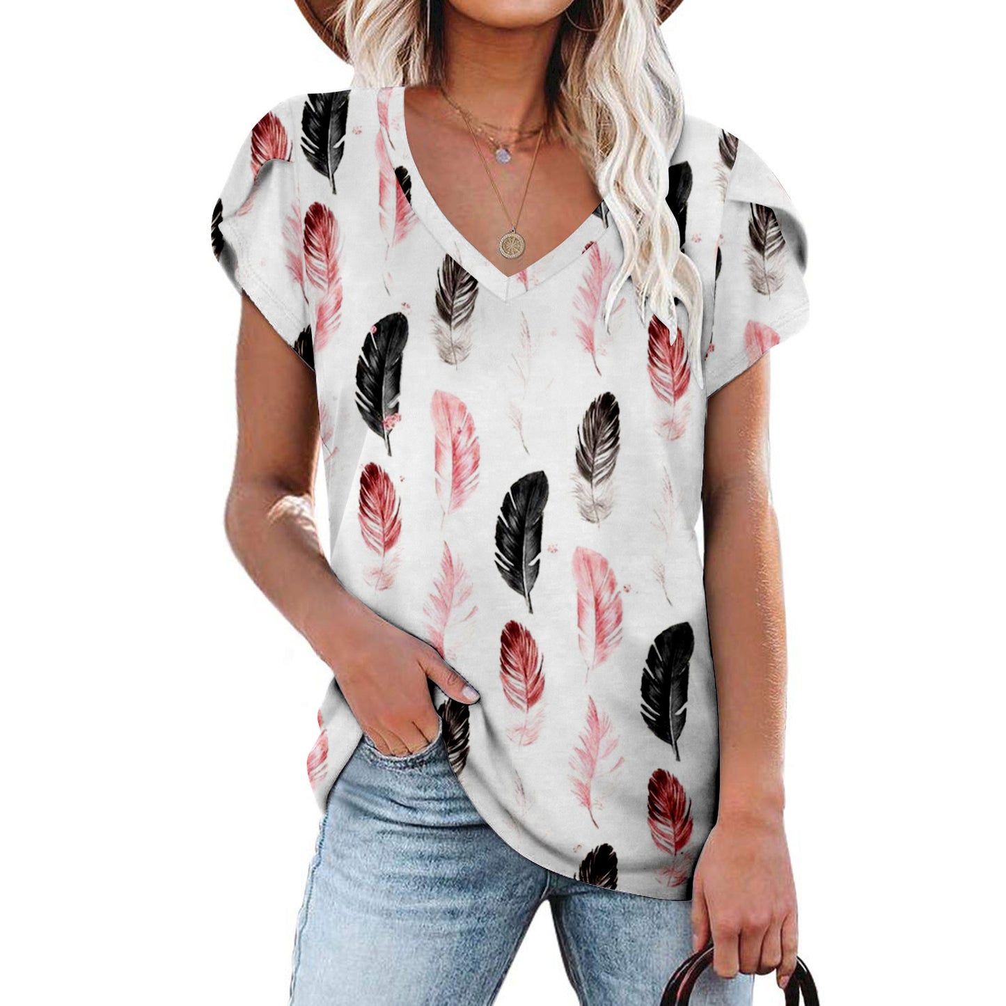 Summer Creative Tie-dye Floral V-neck Loose-fitting Women&#039;s Petal Sleeve Shell Sleeve T-shirt