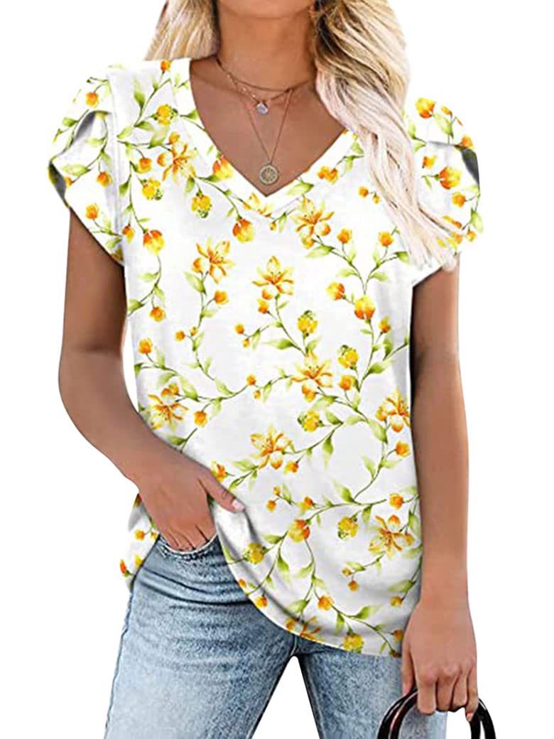 Summer Creative Tie-dye Floral V-neck Loose-fitting Women&#039;s Petal Sleeve Shell Sleeve T-shirt