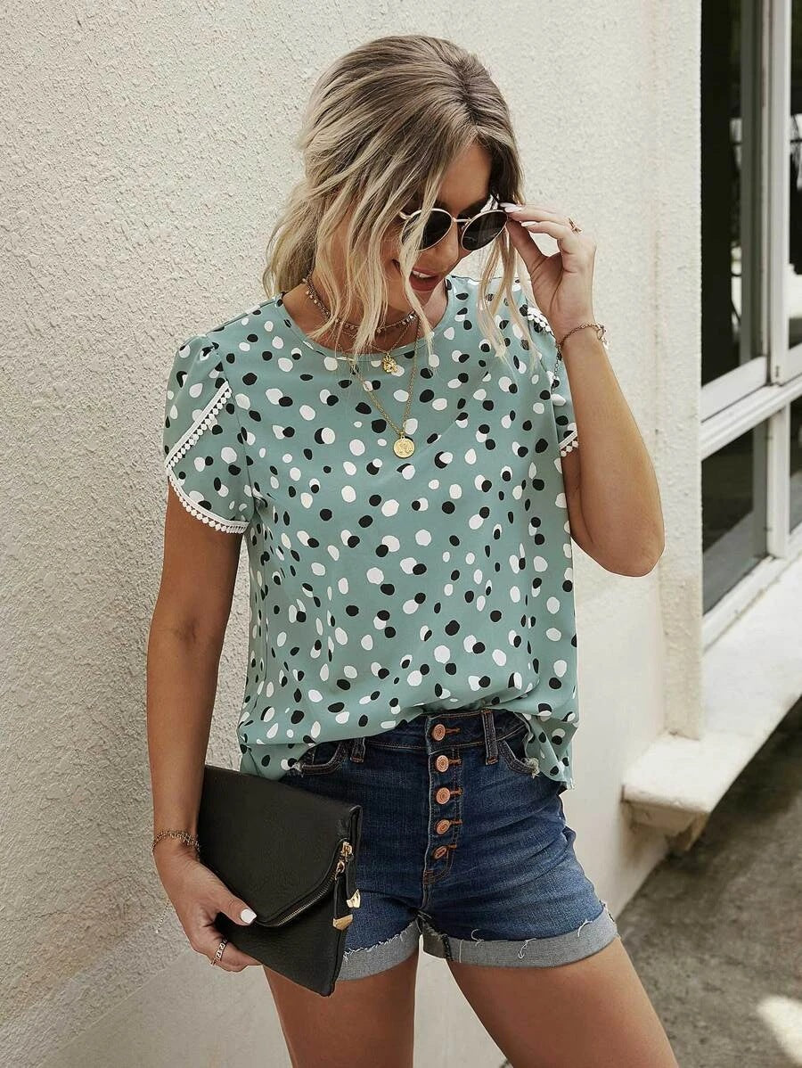 Casual Round Neck Summer Loose Shirt Polka Dot Print Lace Short Sleeve Top Women