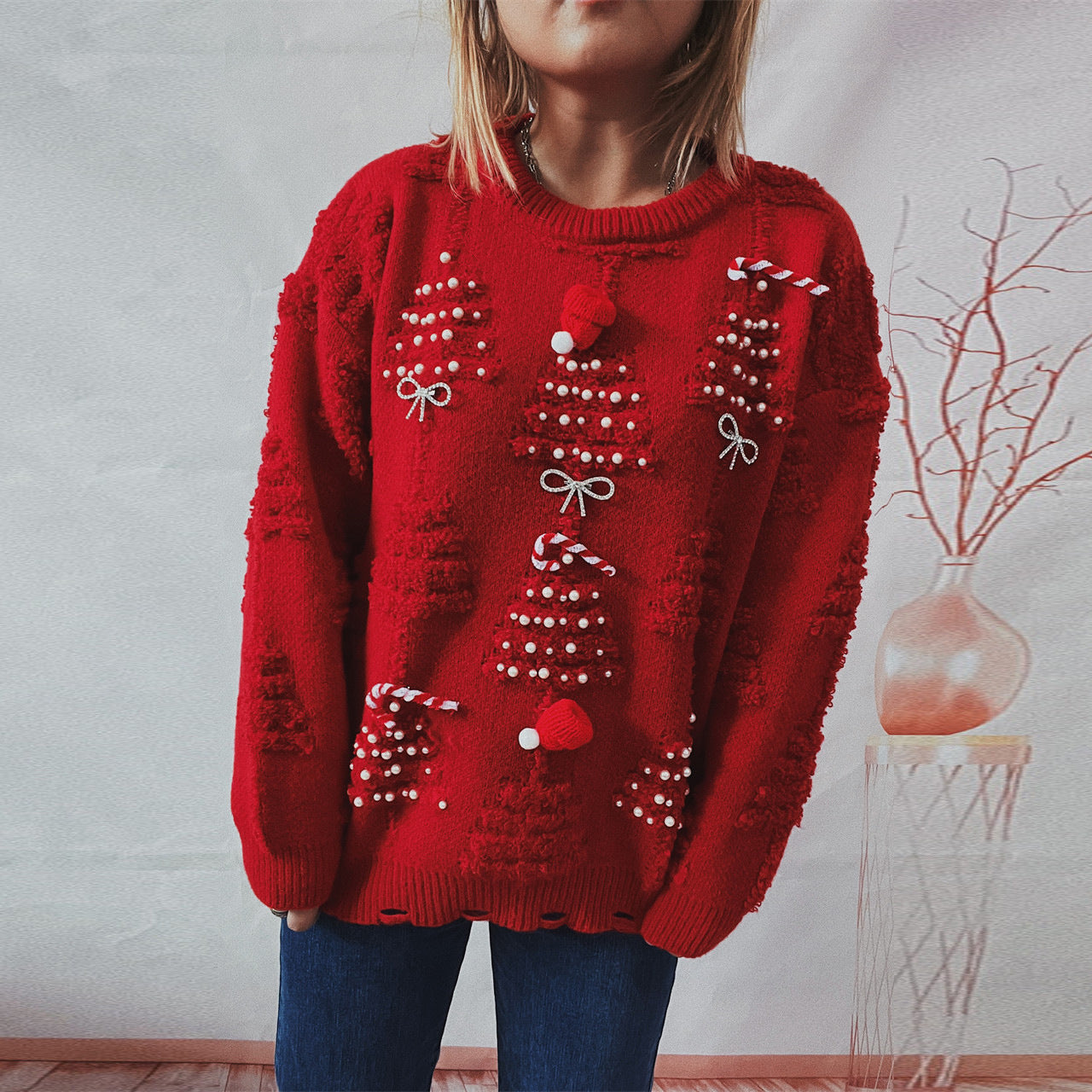 Women's Fashion Handmade Pearl Christmas Theme Sweater