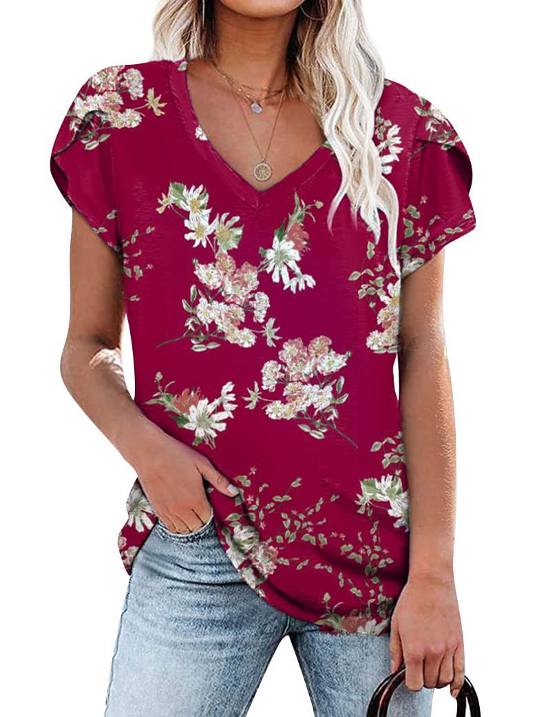 Summer Creative Tie-dye Floral V-neck Loose-fitting Women&#039;s Petal Sleeve Shell Sleeve T-shirt