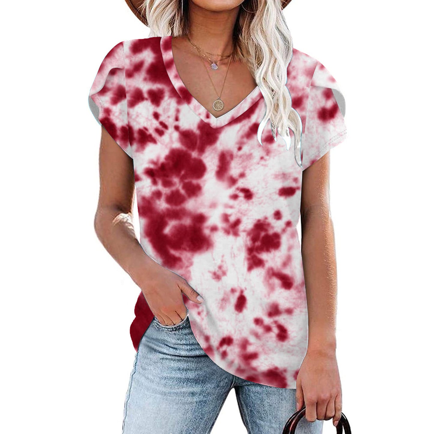 Summer Creative Tie-dye Floral V-neck Loose-fitting Women&#039;s Petal Sleeve Shell Sleeve T-shirt